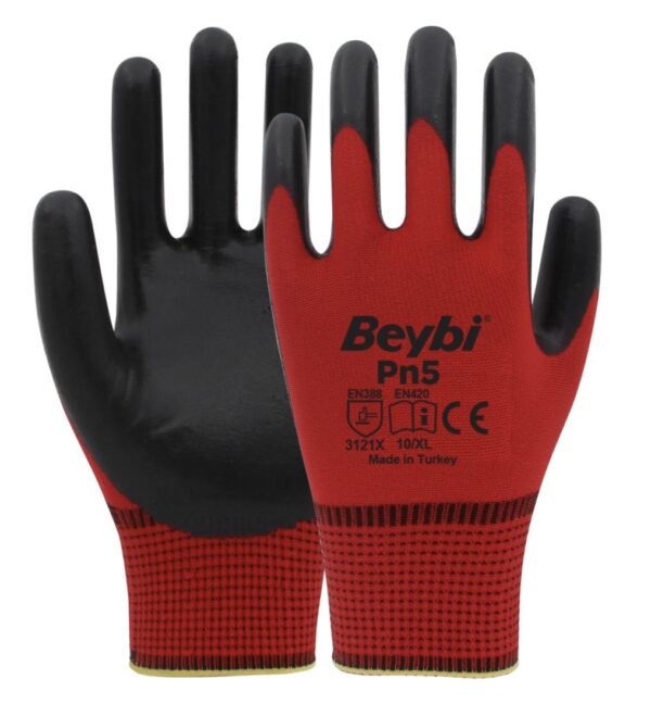 Beybi Pn5  Nitril Kaplı Polyester İş Eldiveni 10XL Kırmızı & Siyah